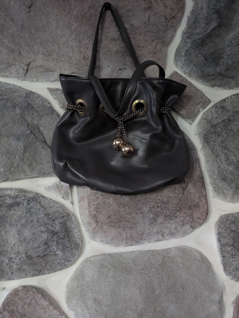 Gray Drawstring Shoulder Bag with Chain Accents